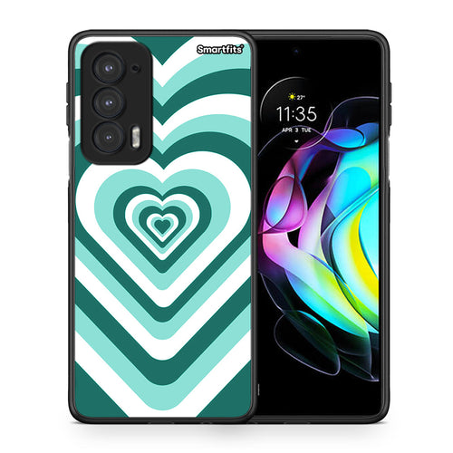 Θήκη Motorola Edge 20 5G Green Hearts από τη Smartfits με σχέδιο στο πίσω μέρος και μαύρο περίβλημα | Motorola Edge 20 5G Green Hearts case with colorful back and black bezels