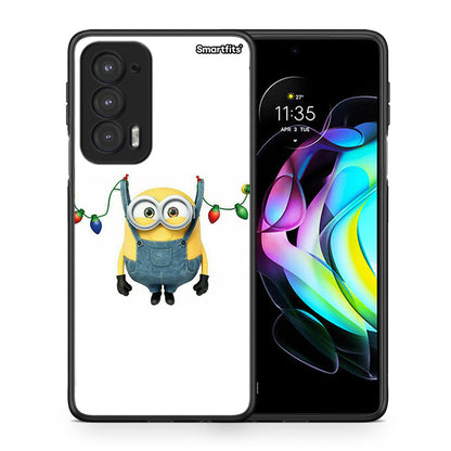 Θήκη Motorola Edge 20 5G Xmas Minion Lights από τη Smartfits με σχέδιο στο πίσω μέρος και μαύρο περίβλημα | Motorola Edge 20 5G Xmas Minion Lights case with colorful back and black bezels