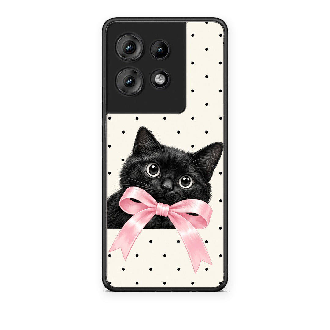 Θήκη Motorola Edge 50 Black Kitten Pink Bow and Polka Dots από τη Smartfits με σχέδιο στο πίσω μέρος και μαύρο περίβλημα | Motorola Edge 50 Black Kitten Pink Bow and Polka Dots case with colorful back and black bezels