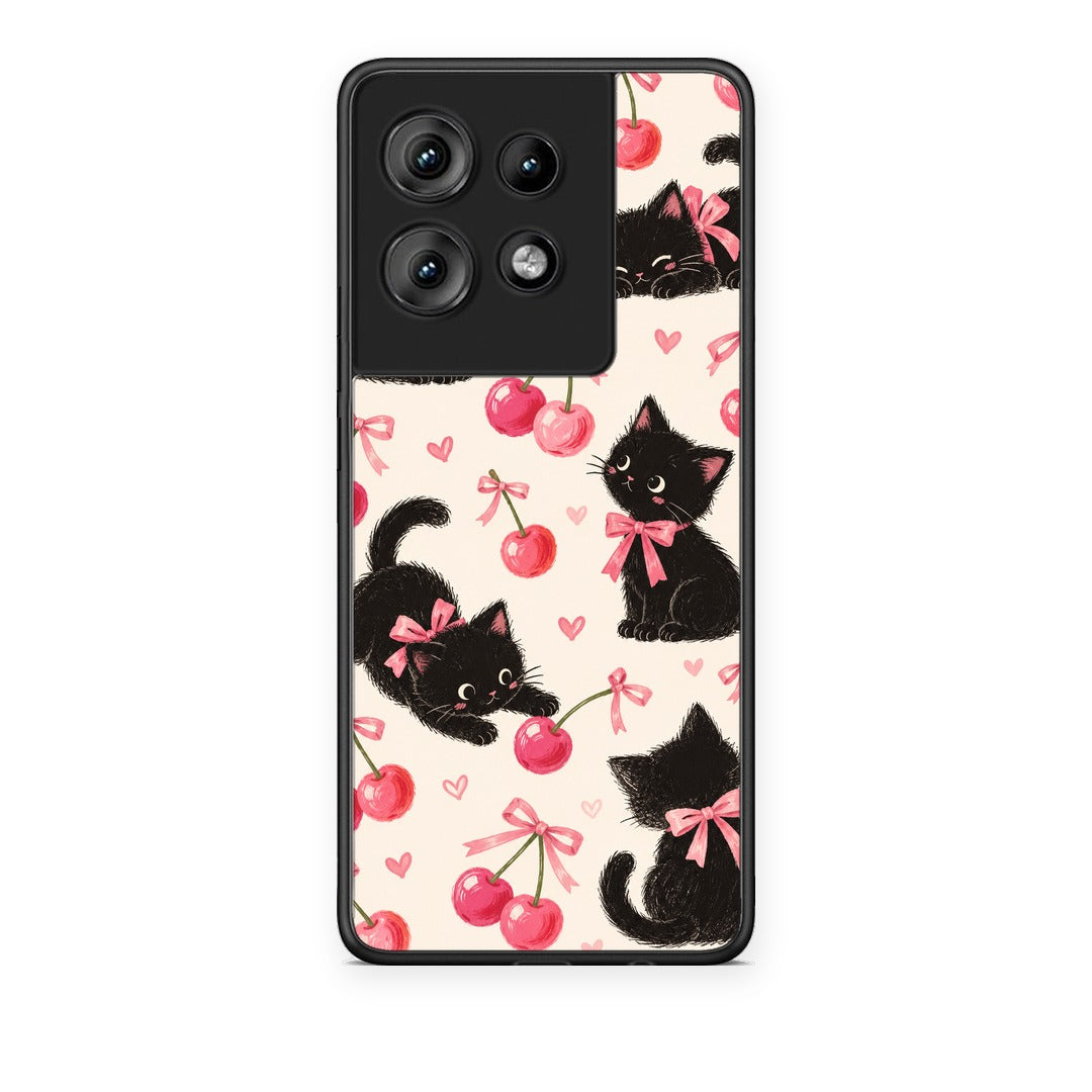 Θήκη Motorola Edge 50 Black Kittens and Cherries on Cream από τη Smartfits με σχέδιο στο πίσω μέρος και μαύρο περίβλημα | Motorola Edge 50 Black Kittens and Cherries on Cream case with colorful back and black bezels