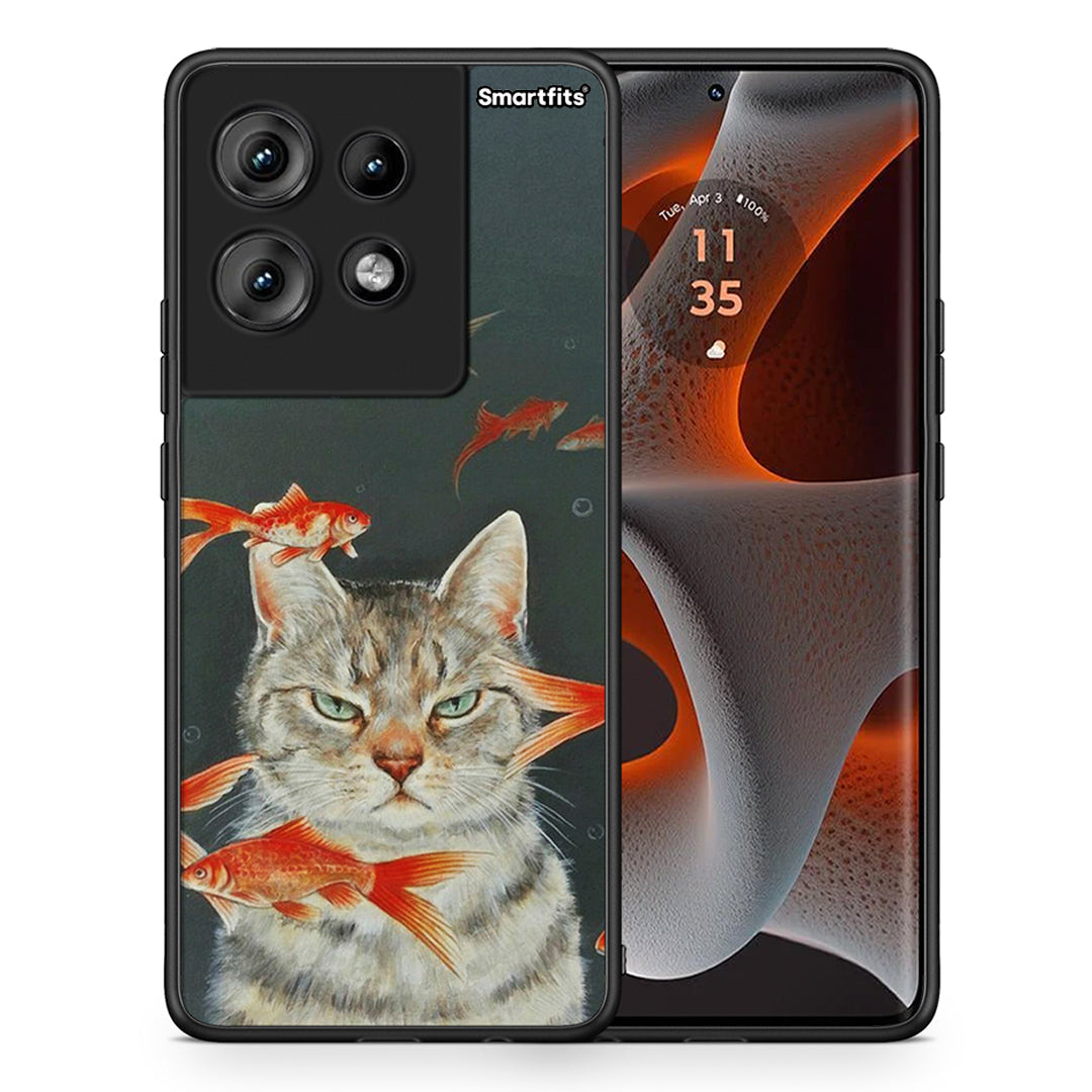 Θήκη Motorola Edge 50 Cat Goldfish από τη Smartfits με σχέδιο στο πίσω μέρος και μαύρο περίβλημα | Motorola Edge 50 Cat Goldfish case with colorful back and black bezels