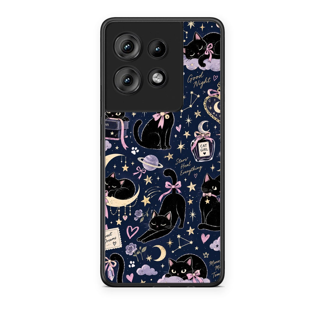 Θήκη Motorola Edge 50 Celestial Black Cats on Navy από τη Smartfits με σχέδιο στο πίσω μέρος και μαύρο περίβλημα | Motorola Edge 50 Celestial Black Cats on Navy case with colorful back and black bezels