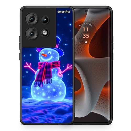 Θήκη Motorola Edge 50 Christmas Neon Snowman από τη Smartfits με σχέδιο στο πίσω μέρος και μαύρο περίβλημα | Motorola Edge 50 Christmas Neon Snowman case with colorful back and black bezels