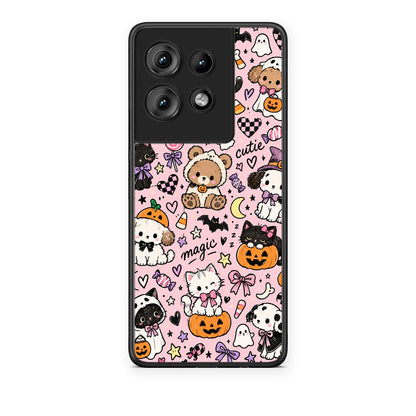 Θήκη Motorola Edge 50 Halloween Cute Animals on Pink από τη Smartfits με σχέδιο στο πίσω μέρος και μαύρο περίβλημα | Motorola Edge 50 Halloween Cute Animals on Pink case with colorful back and black bezels