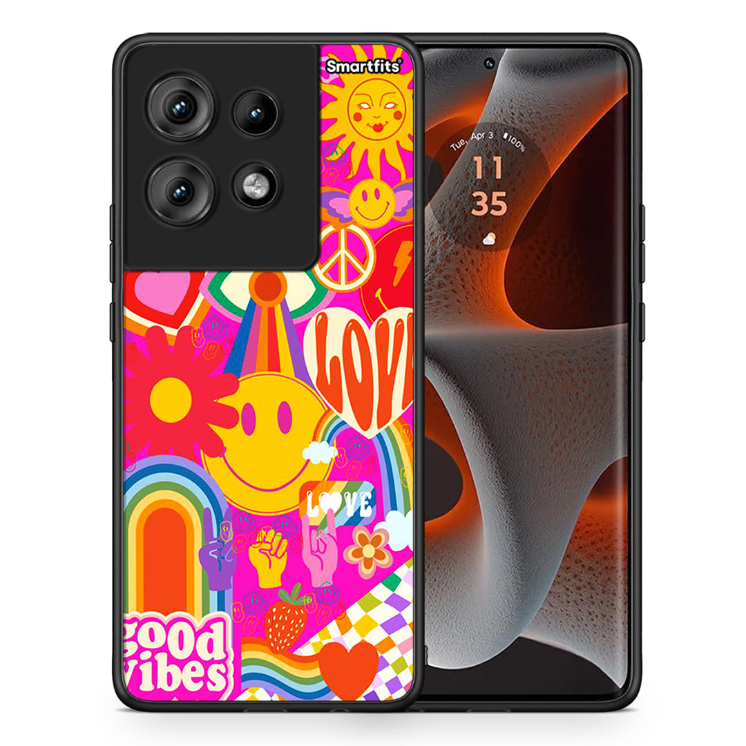 Θήκη Motorola Edge 50 Hippie Love από τη Smartfits με σχέδιο στο πίσω μέρος και μαύρο περίβλημα | Motorola Edge 50 Hippie Love case with colorful back and black bezels