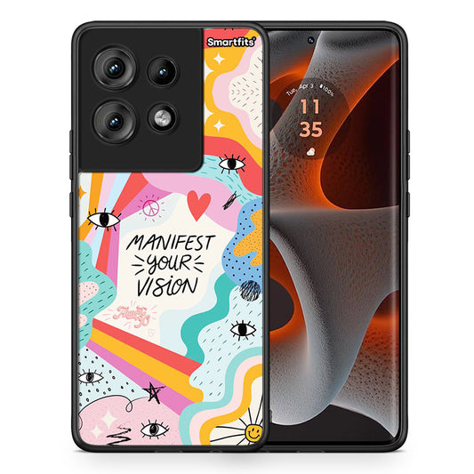 Θήκη Motorola Edge 50 Manifest Your Vision από τη Smartfits με σχέδιο στο πίσω μέρος και μαύρο περίβλημα | Motorola Edge 50 Manifest Your Vision case with colorful back and black bezels
