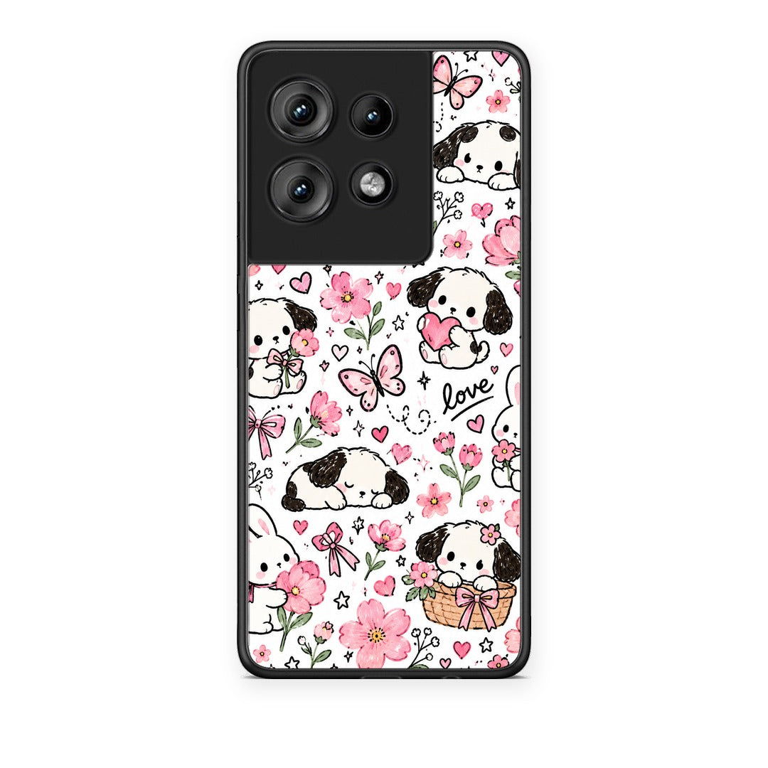 Θήκη Motorola Edge 50 Pink Florals Puppies and Bunnies on White από τη Smartfits με σχέδιο στο πίσω μέρος και μαύρο περίβλημα | Motorola Edge 50 Pink Florals Puppies and Bunnies on White case with colorful back and black bezels