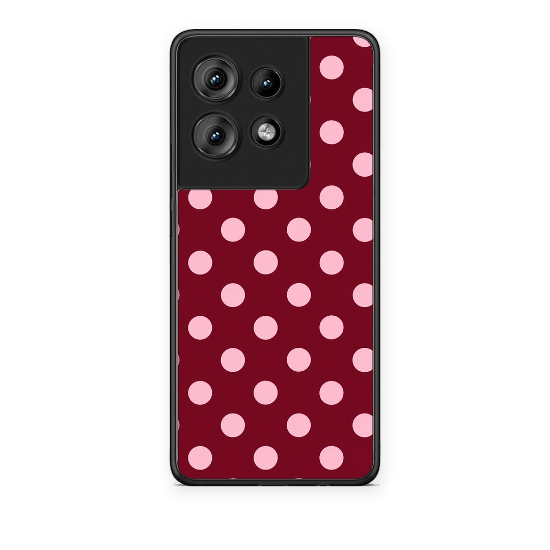 Θήκη Motorola Edge 50 Pink Polka Dots on Burgundy από τη Smartfits με σχέδιο στο πίσω μέρος και μαύρο περίβλημα | Motorola Edge 50 Pink Polka Dots on Burgundy case with colorful back and black bezels