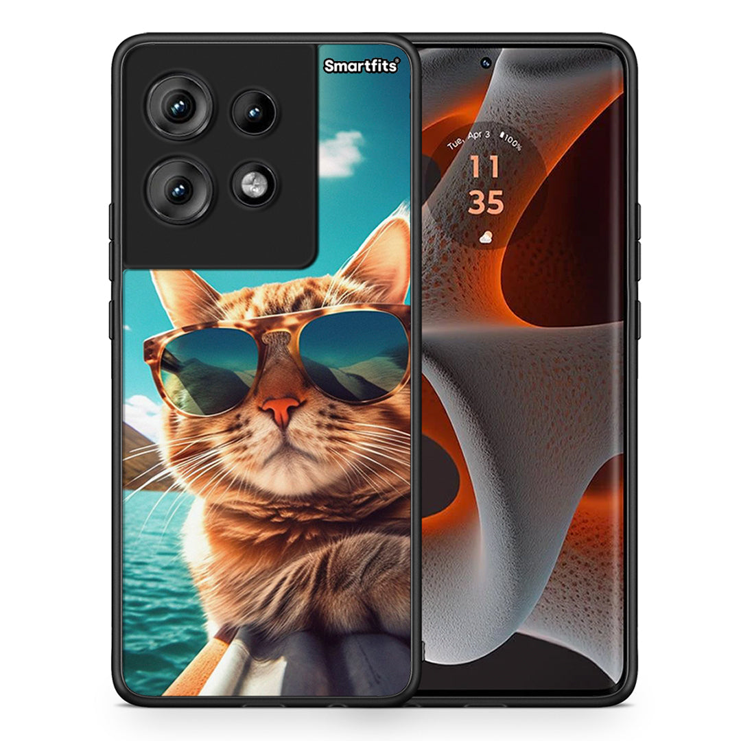 Θήκη Motorola Edge 50 Summer Cat από τη Smartfits με σχέδιο στο πίσω μέρος και μαύρο περίβλημα | Motorola Edge 50 Summer Cat case with colorful back and black bezels