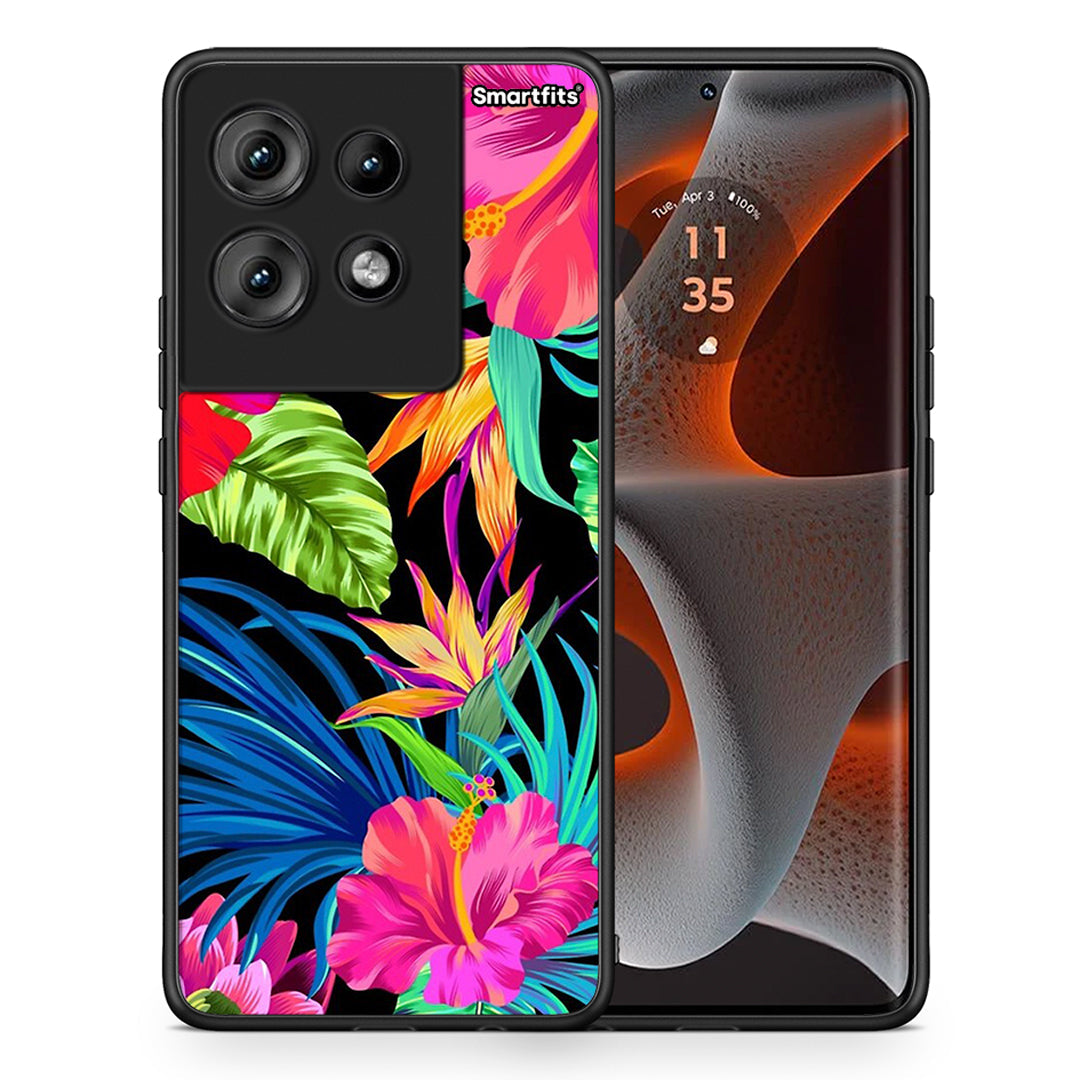 Θήκη Motorola Edge 50 Tropical Flowers από τη Smartfits με σχέδιο στο πίσω μέρος και μαύρο περίβλημα | Motorola Edge 50 Tropical Flowers case with colorful back and black bezels