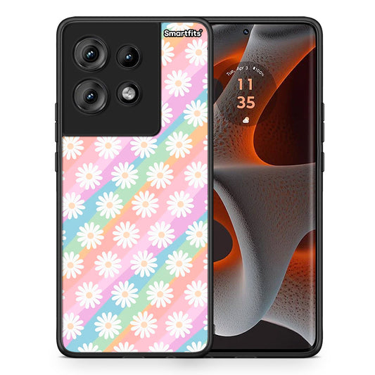 Θήκη Motorola Edge 50 White Daisies από τη Smartfits με σχέδιο στο πίσω μέρος και μαύρο περίβλημα | Motorola Edge 50 White Daisies case with colorful back and black bezels