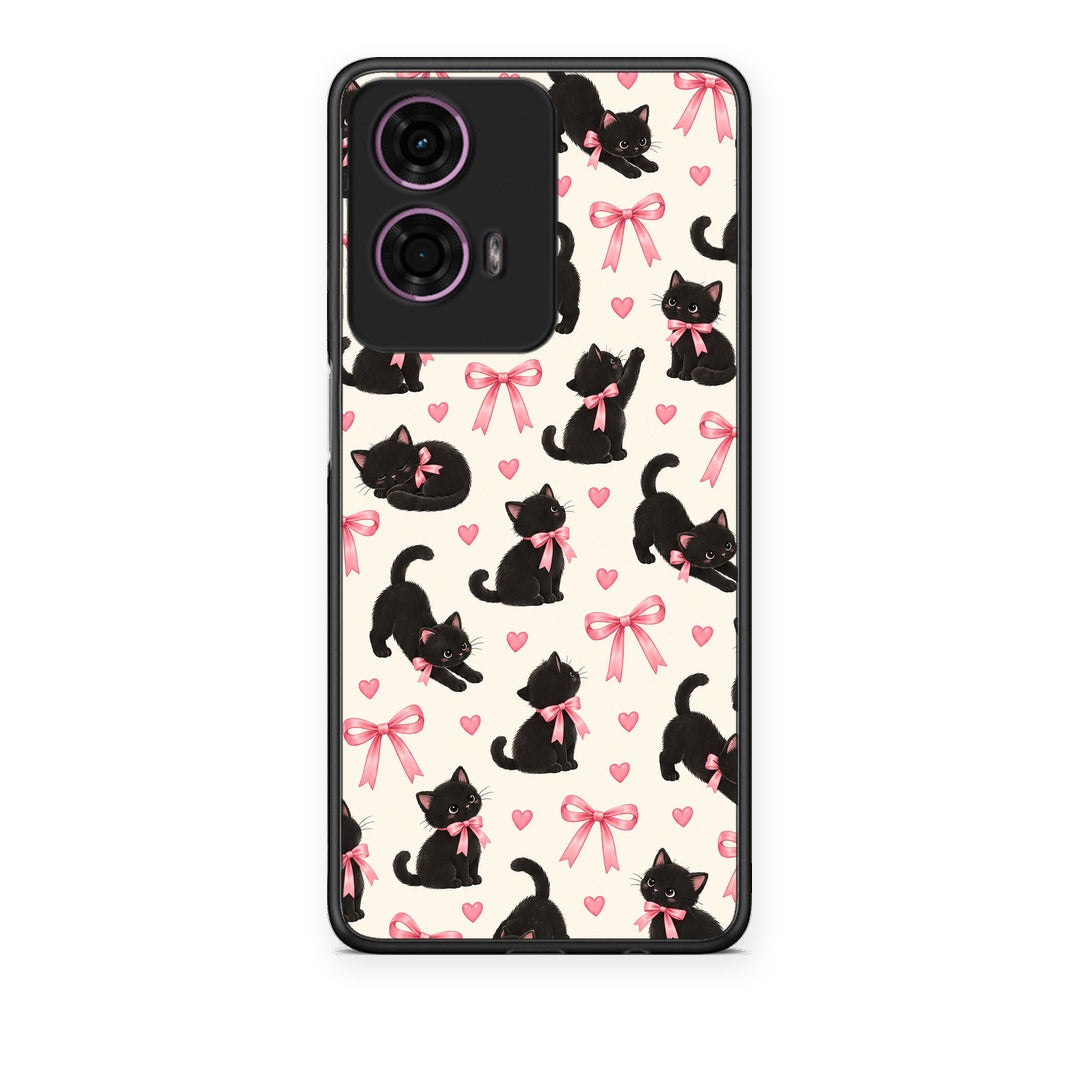 Θήκη Motorola G24 Black Kittens and Pink Bows on Cream Small από τη Smartfits με σχέδιο στο πίσω μέρος και μαύρο περίβλημα | Motorola G24 Black Kittens and Pink Bows on Cream Small case with colorful back and black bezels