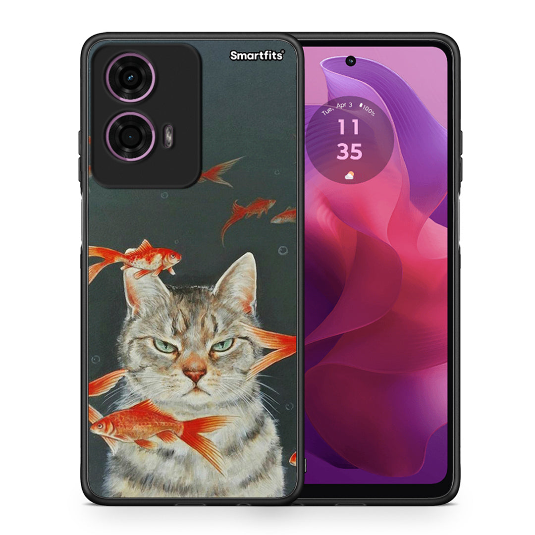 Θήκη Motorola G24 Cat Goldfish από τη Smartfits με σχέδιο στο πίσω μέρος και μαύρο περίβλημα | Motorola G24 Cat Goldfish case with colorful back and black bezels