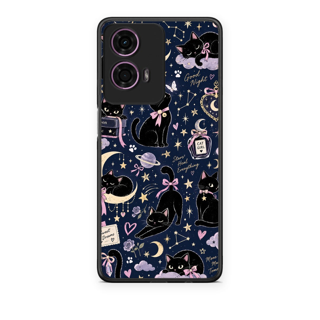 Θήκη Motorola G24 Celestial Black Cats on Navy από τη Smartfits με σχέδιο στο πίσω μέρος και μαύρο περίβλημα | Motorola G24 Celestial Black Cats on Navy case with colorful back and black bezels