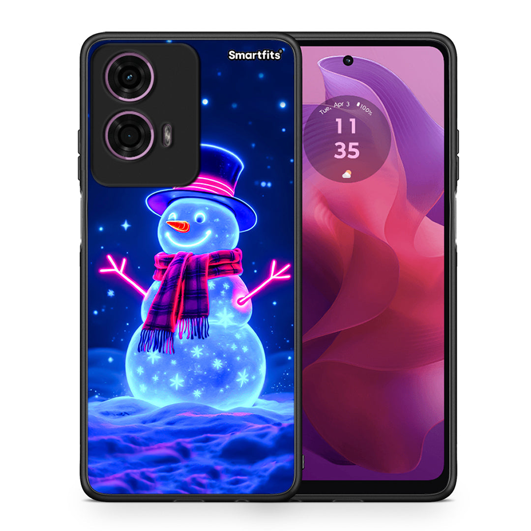 Θήκη Motorola G24 Christmas Neon Snowman από τη Smartfits με σχέδιο στο πίσω μέρος και μαύρο περίβλημα | Motorola G24 Christmas Neon Snowman case with colorful back and black bezels