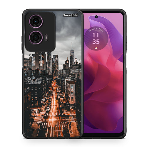 Θήκη Motorola G24 City Lights από τη Smartfits με σχέδιο στο πίσω μέρος και μαύρο περίβλημα | Motorola G24 City Lights case with colorful back and black bezels
