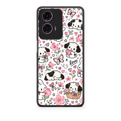 Θήκη Motorola G24 Pink Florals Puppies and Bunnies on White από τη Smartfits με σχέδιο στο πίσω μέρος και μαύρο περίβλημα | Motorola G24 Pink Florals Puppies and Bunnies on White case with colorful back and black bezels
