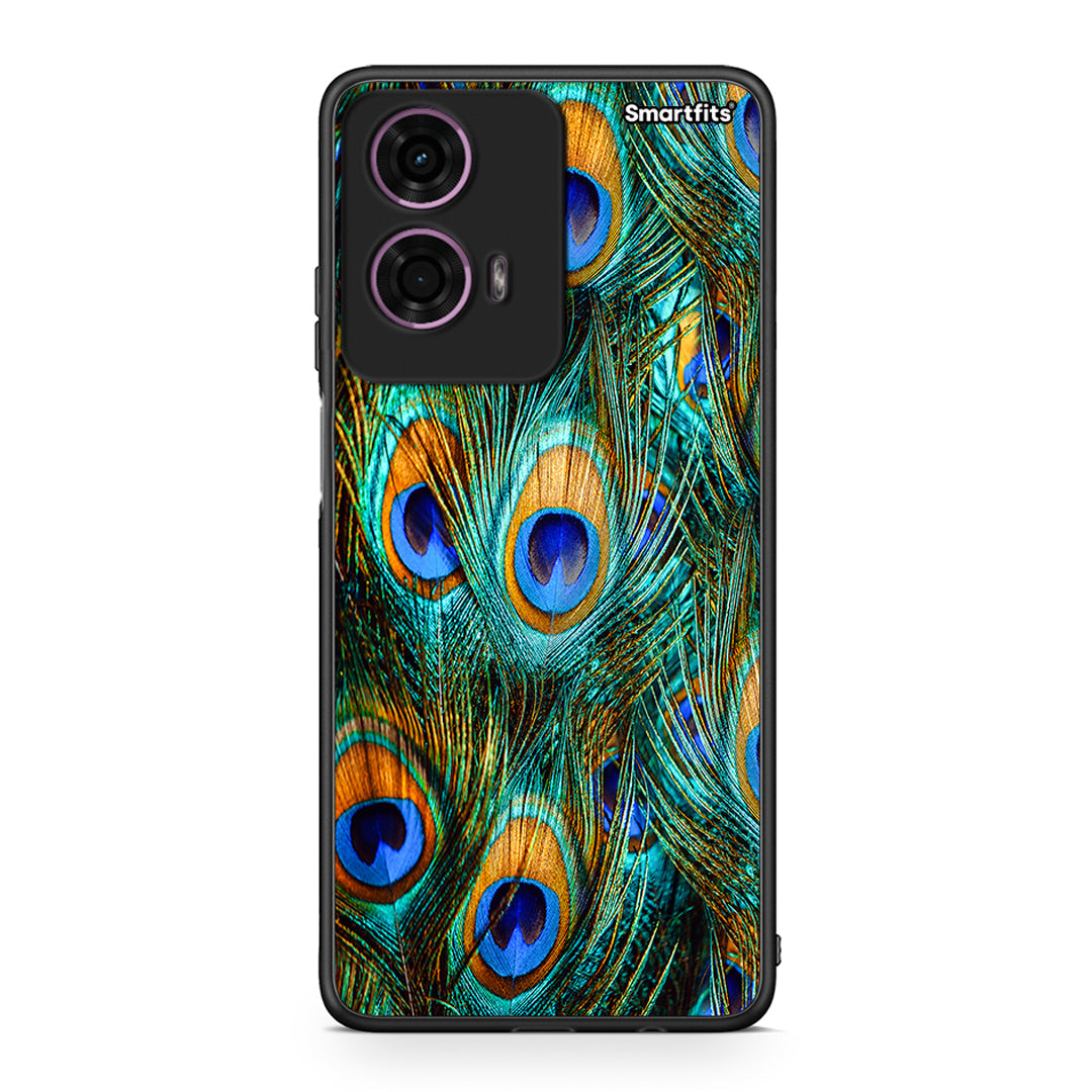 Motorola G24 Real Peacock Feathers θήκη από τη Smartfits με σχέδιο στο πίσω μέρος και μαύρο περίβλημα | Smartphone case with colorful back and black bezels by Smartfits