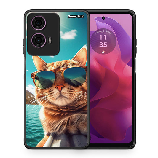 Θήκη Motorola G24 Summer Cat από τη Smartfits με σχέδιο στο πίσω μέρος και μαύρο περίβλημα | Motorola G24 Summer Cat case with colorful back and black bezels