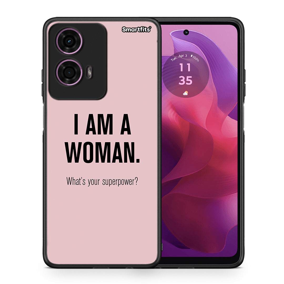 Θήκη Motorola G24 Superpower Woman από τη Smartfits με σχέδιο στο πίσω μέρος και μαύρο περίβλημα | Motorola G24 Superpower Woman case with colorful back and black bezels