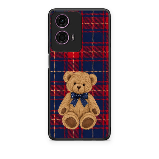 Θήκη Motorola G24 Teddy Bear on Red and Navy Tartan από τη Smartfits με σχέδιο στο πίσω μέρος και μαύρο περίβλημα | Motorola G24 Teddy Bear on Red and Navy Tartan case with colorful back and black bezels