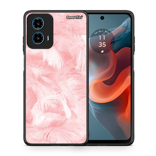 Θήκη Motorola G34 5G Pink Feather Boho από τη Smartfits με σχέδιο στο πίσω μέρος και μαύρο περίβλημα | Motorola G34 5G Pink Feather Boho case with colorful back and black bezels