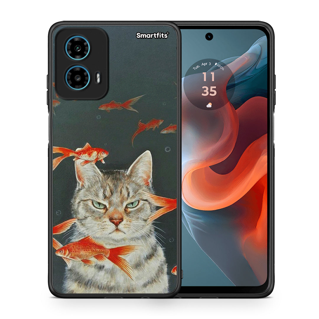 Θήκη Motorola G34 5G Cat Goldfish από τη Smartfits με σχέδιο στο πίσω μέρος και μαύρο περίβλημα | Motorola G34 5G Cat Goldfish case with colorful back and black bezels