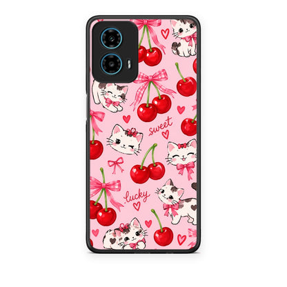Θήκη Motorola G34 5G Cherries Bows and Kittens on Pink από τη Smartfits με σχέδιο στο πίσω μέρος και μαύρο περίβλημα | Motorola G34 5G Cherries Bows and Kittens on Pink case with colorful back and black bezels