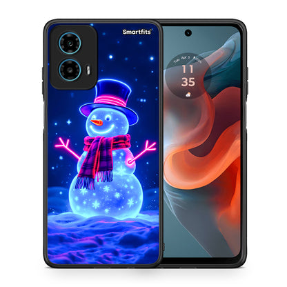 Θήκη Motorola G34 5G Christmas Neon Snowman από τη Smartfits με σχέδιο στο πίσω μέρος και μαύρο περίβλημα | Motorola G34 5G Christmas Neon Snowman case with colorful back and black bezels