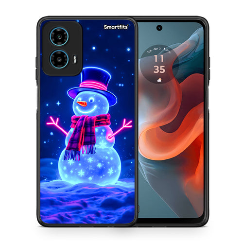Θήκη Motorola G34 5G Christmas Neon Snowman από τη Smartfits με σχέδιο στο πίσω μέρος και μαύρο περίβλημα | Motorola G34 5G Christmas Neon Snowman case with colorful back and black bezels