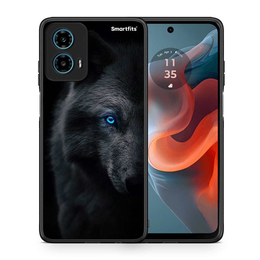 Θήκη Motorola G34 5G Dark Wolf από τη Smartfits με σχέδιο στο πίσω μέρος και μαύρο περίβλημα | Motorola G34 5G Dark Wolf case with colorful back and black bezels