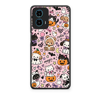 Θήκη Motorola G34 5G Halloween Cute Animals on Pink από τη Smartfits με σχέδιο στο πίσω μέρος και μαύρο περίβλημα | Motorola G34 5G Halloween Cute Animals on Pink case with colorful back and black bezels
