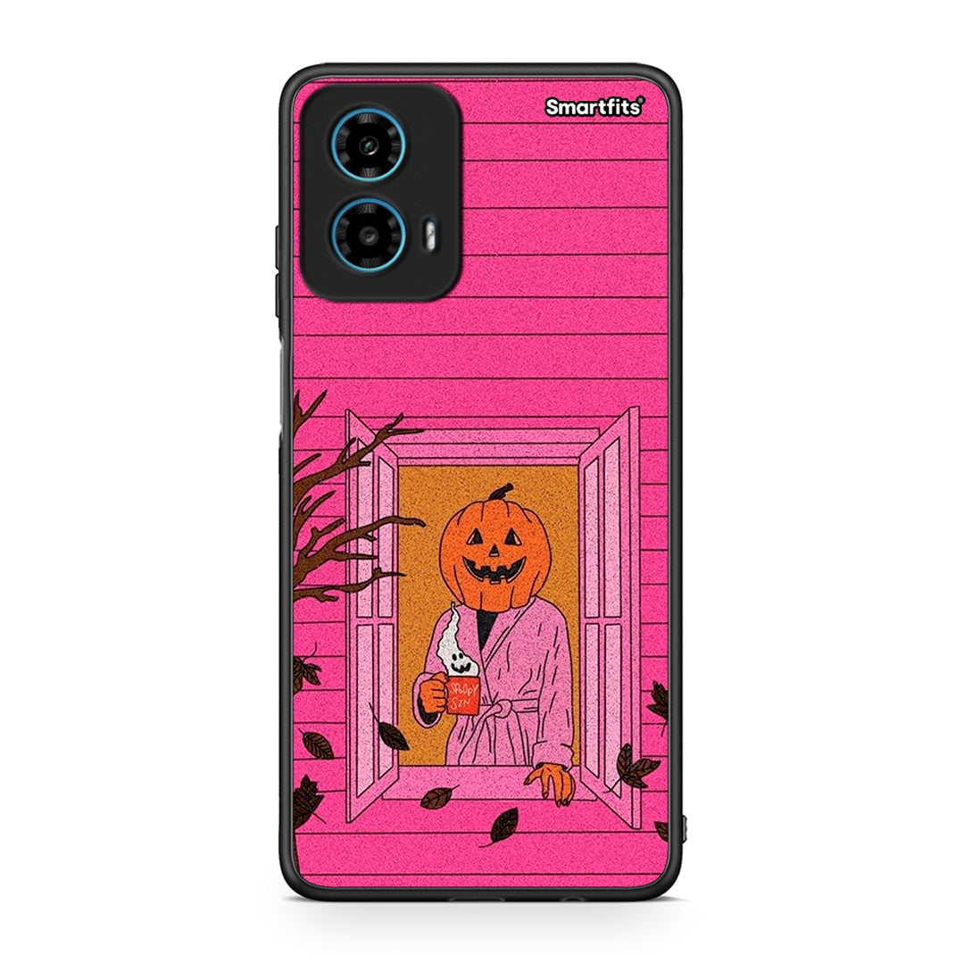 Motorola G34 5G Halloween Pumpkin Lady Θήκη από τη Smartfits με σχέδιο στο πίσω μέρος και μαύρο περίβλημα | Smartphone case with colorful back and black bezels by Smartfits