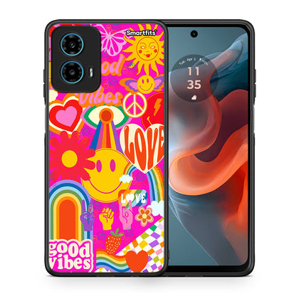 Θήκη Motorola G34 5G Hippie Love από τη Smartfits με σχέδιο στο πίσω μέρος και μαύρο περίβλημα | Motorola G34 5G Hippie Love case with colorful back and black bezels