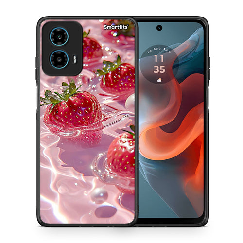 Θήκη Motorola G34 5G Juicy Strawberries από τη Smartfits με σχέδιο στο πίσω μέρος και μαύρο περίβλημα | Motorola G34 5G Juicy Strawberries case with colorful back and black bezels
