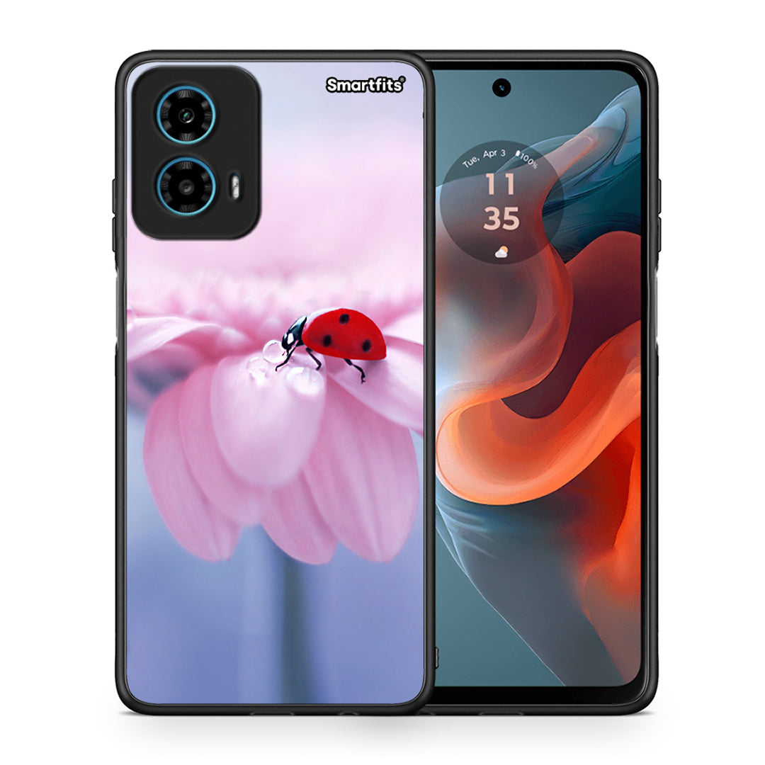 Θήκη Motorola G34 5G Ladybug Flower από τη Smartfits με σχέδιο στο πίσω μέρος και μαύρο περίβλημα | Motorola G34 5G Ladybug Flower case with colorful back and black bezels