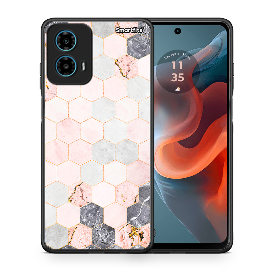 Θήκη Motorola G34 5G Hexagon Pink Marble από τη Smartfits με σχέδιο στο πίσω μέρος και μαύρο περίβλημα | Motorola G34 5G Hexagon Pink Marble case with colorful back and black bezels