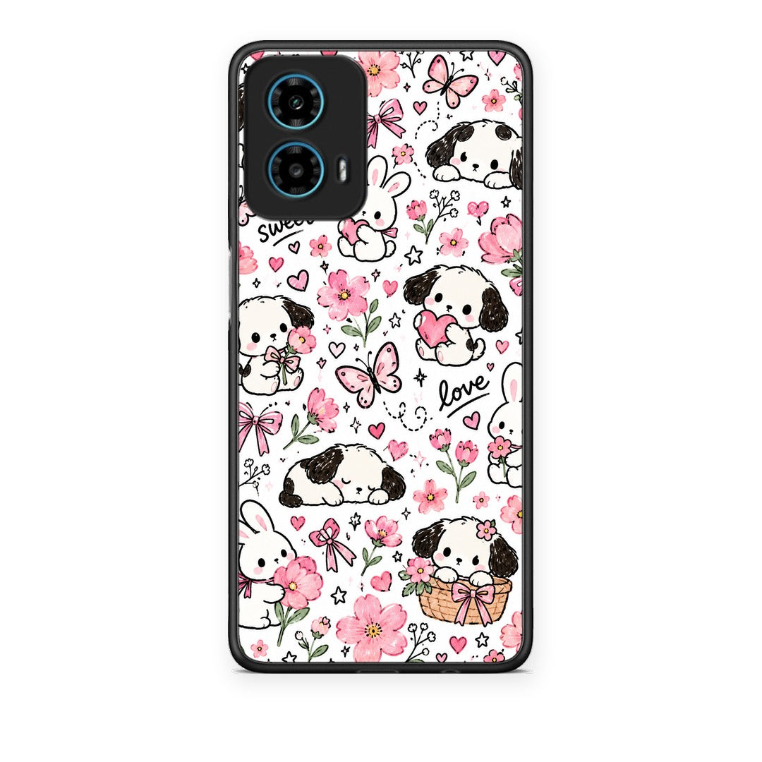 Θήκη Motorola G34 5G Pink Florals Puppies and Bunnies on White από τη Smartfits με σχέδιο στο πίσω μέρος και μαύρο περίβλημα | Motorola G34 5G Pink Florals Puppies and Bunnies on White case with colorful back and black bezels