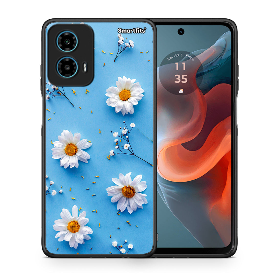Θήκη Motorola G34 5G Real Daisies από τη Smartfits με σχέδιο στο πίσω μέρος και μαύρο περίβλημα | Motorola G34 5G Real Daisies case with colorful back and black bezels