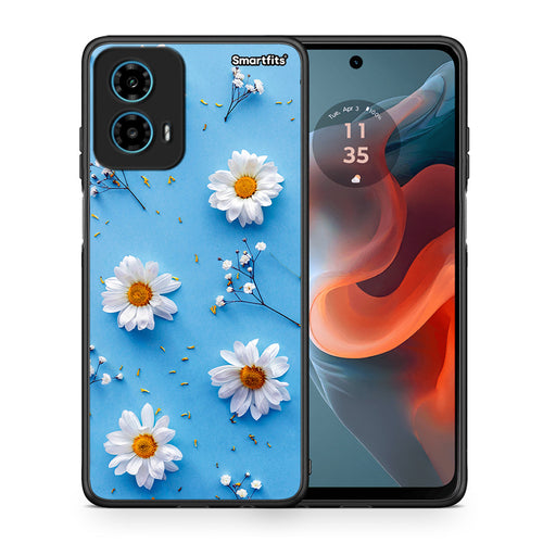 Θήκη Motorola G34 5G Real Daisies από τη Smartfits με σχέδιο στο πίσω μέρος και μαύρο περίβλημα | Motorola G34 5G Real Daisies case with colorful back and black bezels