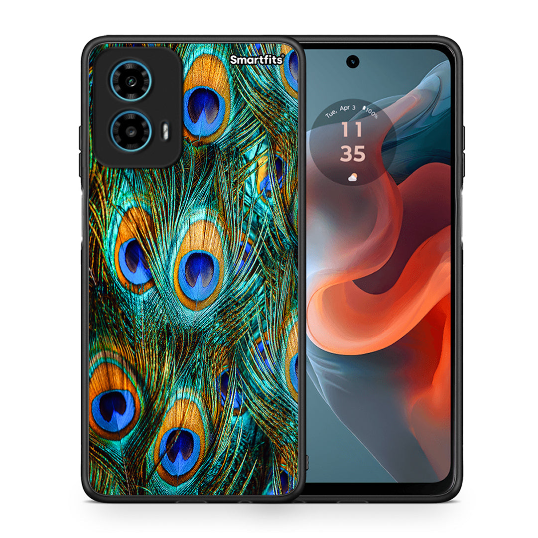 Θήκη Motorola G34 5G Real Peacock Feathers από τη Smartfits με σχέδιο στο πίσω μέρος και μαύρο περίβλημα | Motorola G34 5G Real Peacock Feathers case with colorful back and black bezels