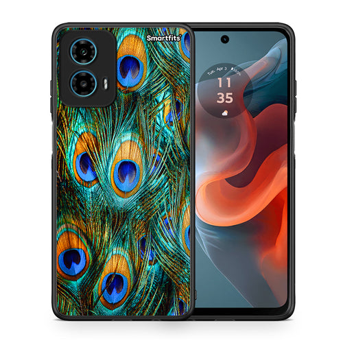 Θήκη Motorola G34 5G Real Peacock Feathers από τη Smartfits με σχέδιο στο πίσω μέρος και μαύρο περίβλημα | Motorola G34 5G Real Peacock Feathers case with colorful back and black bezels
