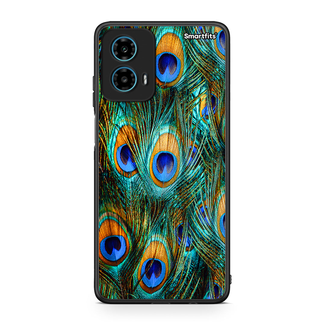 Motorola G34 5G Real Peacock Feathers θήκη από τη Smartfits με σχέδιο στο πίσω μέρος και μαύρο περίβλημα | Smartphone case with colorful back and black bezels by Smartfits