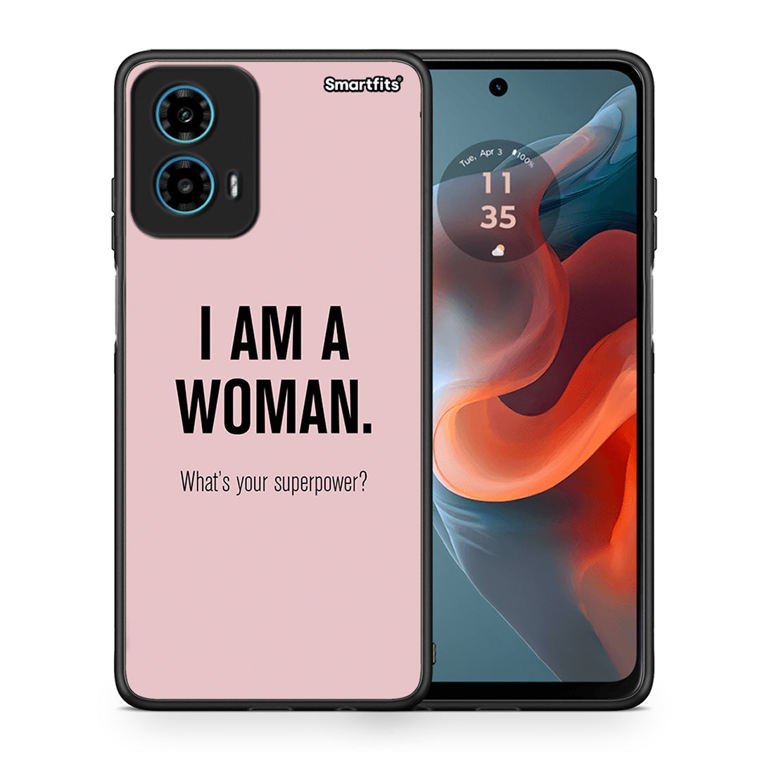 Θήκη Motorola G34 5G Superpower Woman από τη Smartfits με σχέδιο στο πίσω μέρος και μαύρο περίβλημα | Motorola G34 5G Superpower Woman case with colorful back and black bezels