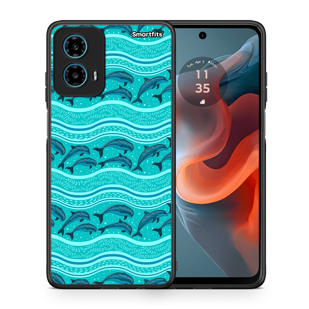 Θήκη Motorola G34 5G Swimming Dolphins από τη Smartfits με σχέδιο στο πίσω μέρος και μαύρο περίβλημα | Motorola G34 5G Swimming Dolphins case with colorful back and black bezels