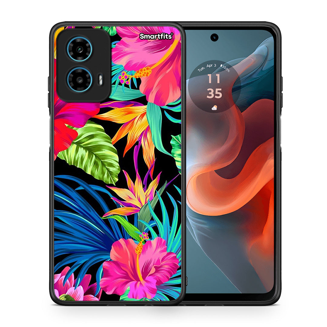 Θήκη Motorola G34 5G Tropical Flowers από τη Smartfits με σχέδιο στο πίσω μέρος και μαύρο περίβλημα | Motorola G34 5G Tropical Flowers case with colorful back and black bezels