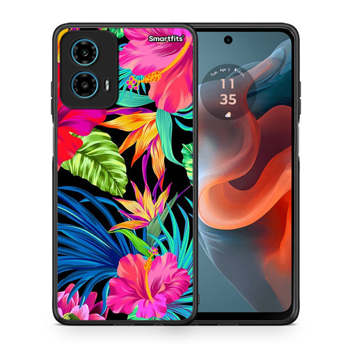 Θήκη Motorola G34 5G Tropical Flowers από τη Smartfits με σχέδιο στο πίσω μέρος και μαύρο περίβλημα | Motorola G34 5G Tropical Flowers case with colorful back and black bezels