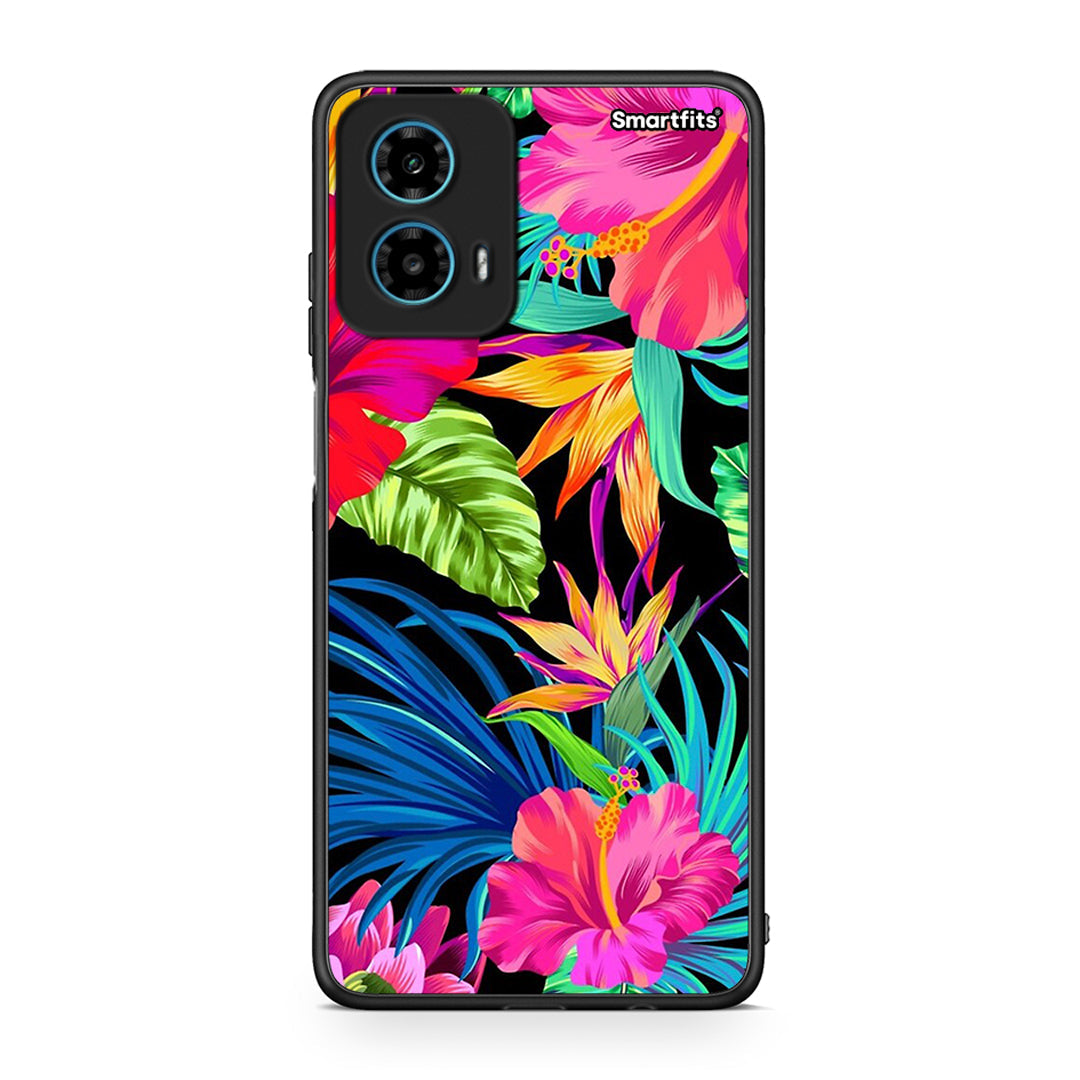 Motorola G34 5G Tropical Flowers θήκη από τη Smartfits με σχέδιο στο πίσω μέρος και μαύρο περίβλημα | Smartphone case with colorful back and black bezels by Smartfits