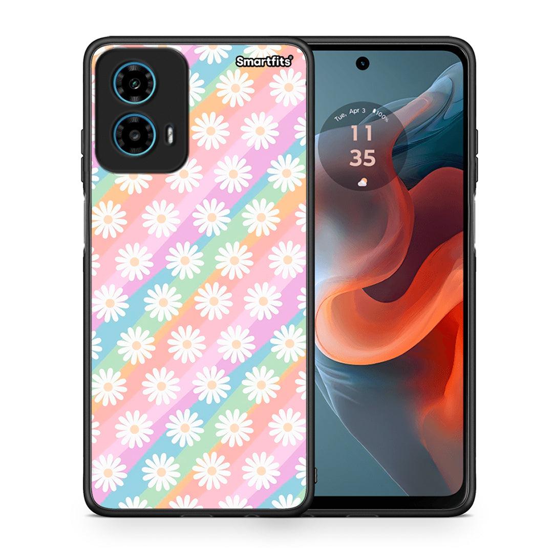 Θήκη Motorola G34 5G White Daisies από τη Smartfits με σχέδιο στο πίσω μέρος και μαύρο περίβλημα | Motorola G34 5G White Daisies case with colorful back and black bezels