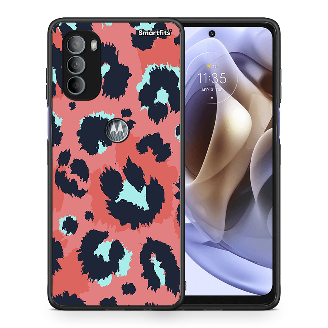 Θήκη Motorola Moto G31 Pink Leopard Animal από τη Smartfits με σχέδιο στο πίσω μέρος και μαύρο περίβλημα | Motorola Moto G31 Pink Leopard Animal case with colorful back and black bezels